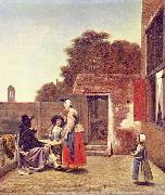 Pieter de Hooch Hof mit zwei Offizieren und trinkender Frau oil painting reproduction